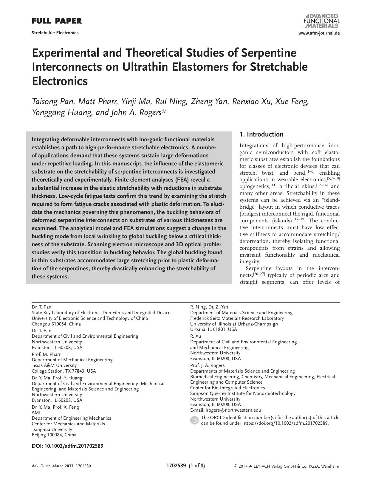 Experimental and Theoretical Studies of Serpentine Interconnects on Ultrathin Elastomers for Stretchable Electronics by Unknown
