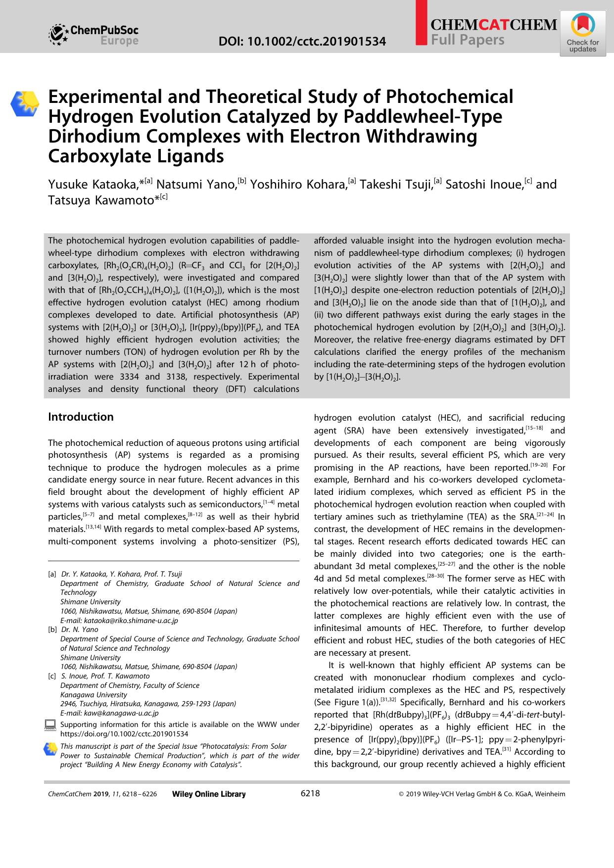 Experimental and Theoretical Study of Photochemical Hydrogen Evolution Catalyzed by PaddlewheelâType Dirhodium Complexes with Electron Withdrawing Carboxylate Ligands by Unknown