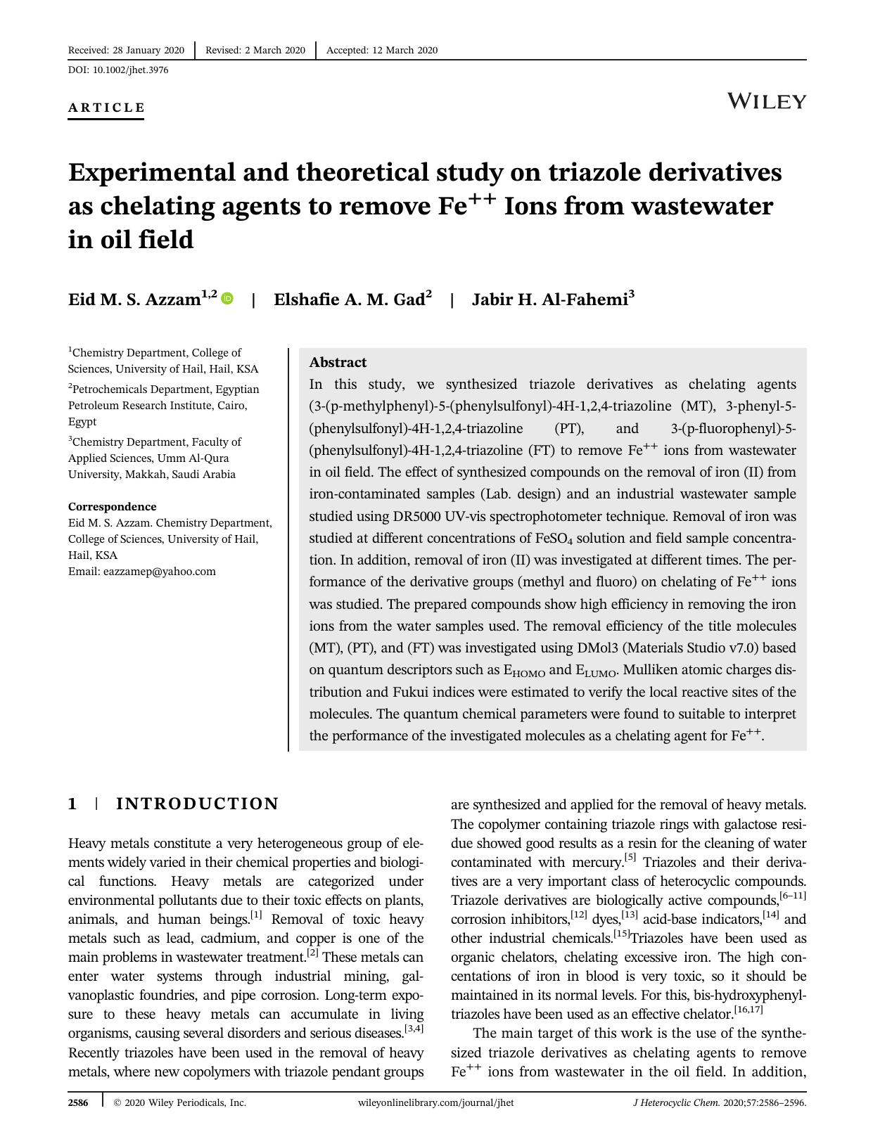 Experimental and Theoretical Study on Triazole Derivatives as Chelating Agents to Remove Fe++ Ions from Wastewater in Oil Field by Unknown