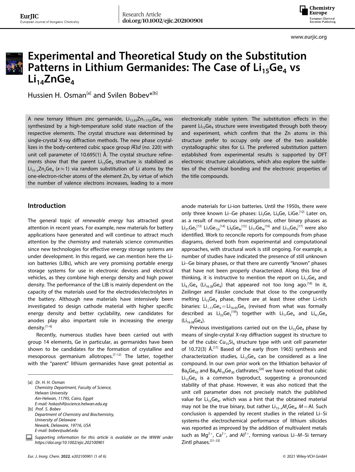 Experimental and Theoretical Study on the Substitution Patterns in Lithium Germanides: The Case of Li15Ge4 vs Li14ZnGe4 by Unknown