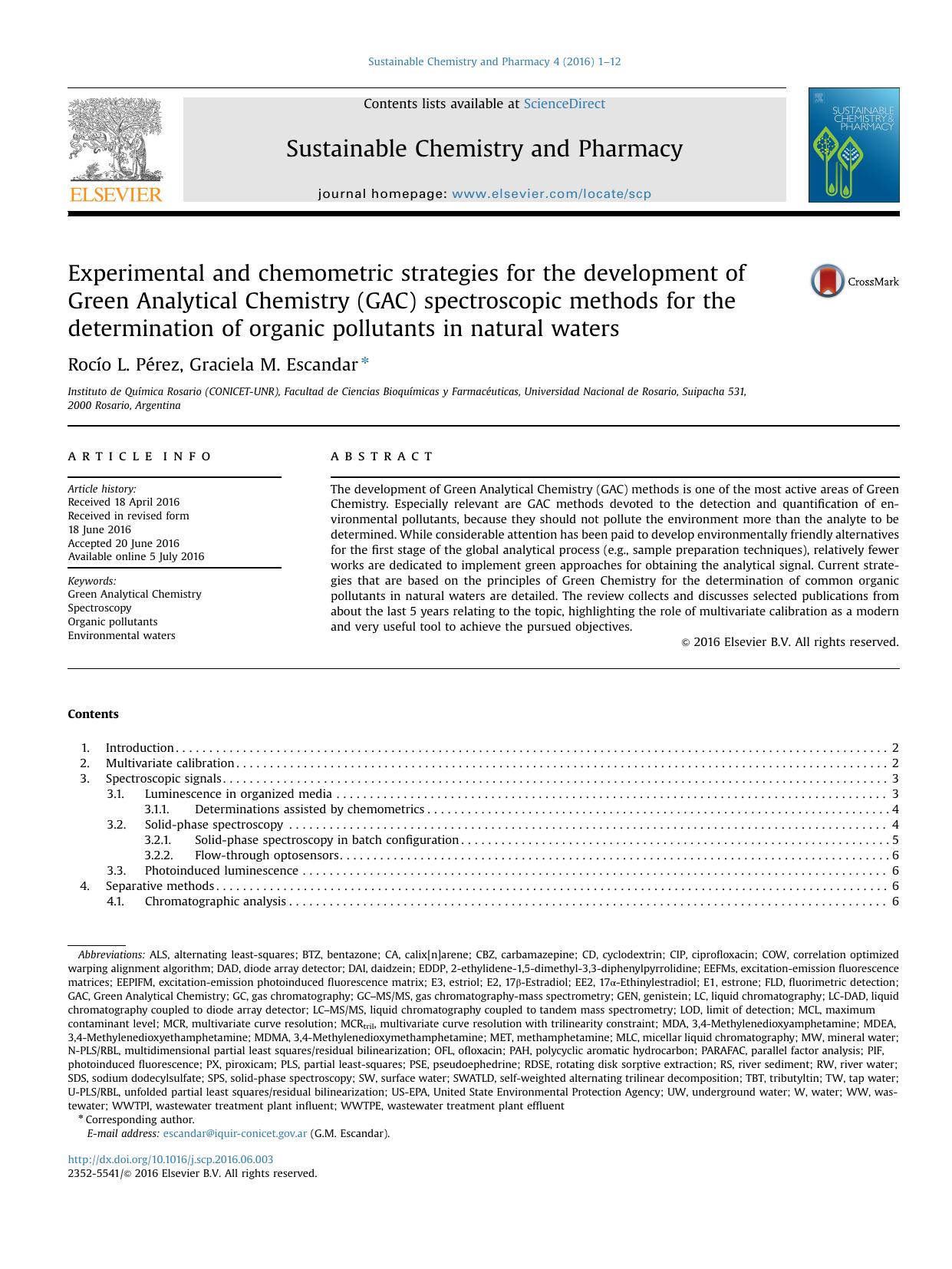 Experimental and chemometric strategies for the development of Green Analytical Chemistry (GAC) spectroscopic methods for the determination of organic pollutants in natural waters by Rocío L. Pérez & Graciela M. Escandar