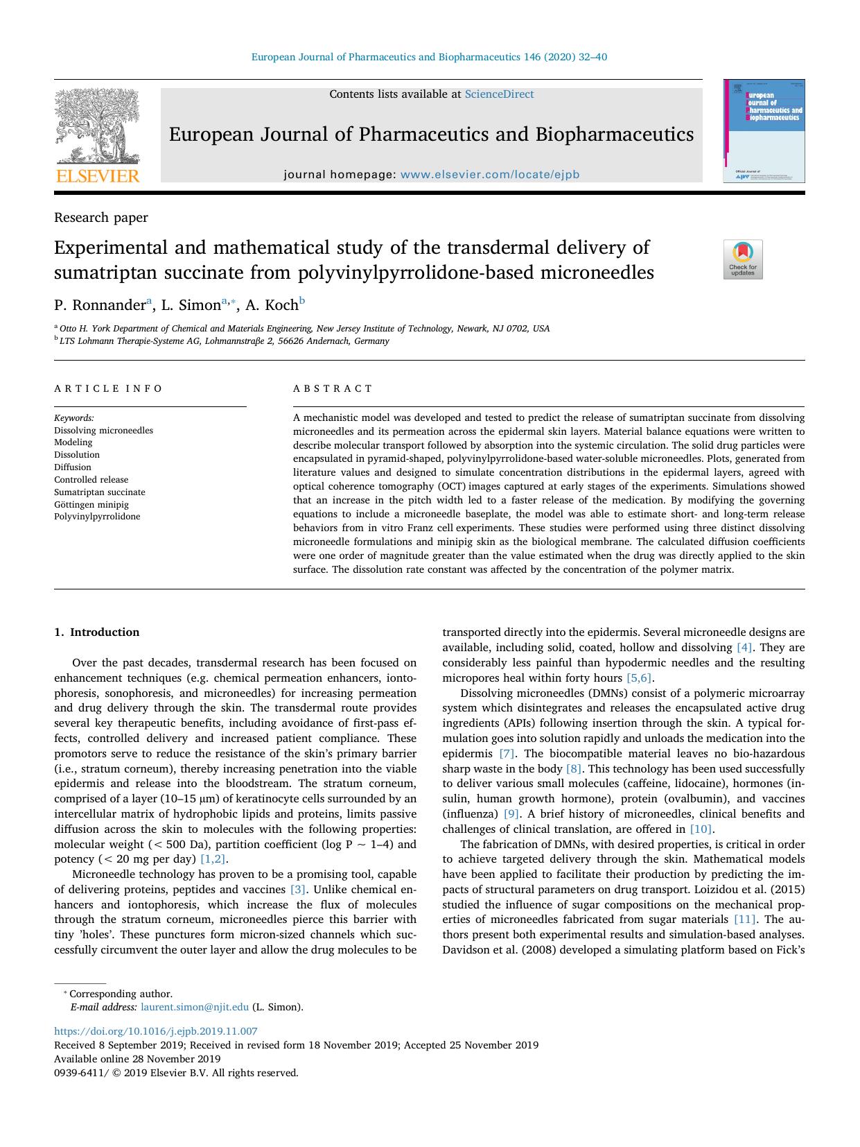 Experimental and mathematical study of the transdermal delivery of sumatriptan succinate from polyvinylpyrrolidone-based microneedles by P. Ronnander & L. Simon & A. Koch