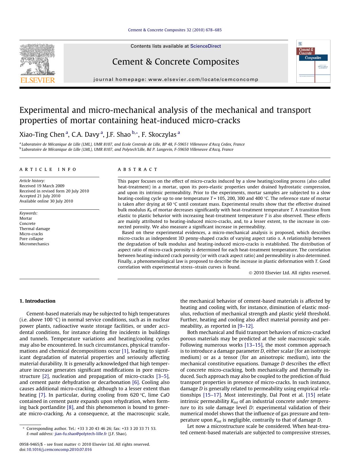 Experimental and micro-mechanical analysis of the mechanical and transport properties of mortar containing heat-induced micro-cracks by Xiao-Ting Chen & C.A. Davy & J.F. Shao & F. Skoczylas