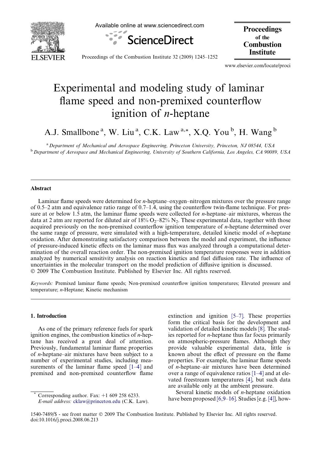 Experimental and modeling study of laminar flame speed and non-premixed counterflow ignition of n-heptane by A.J. Smallbone; W. Liu; C.K. Law; X.Q. You; H. Wang