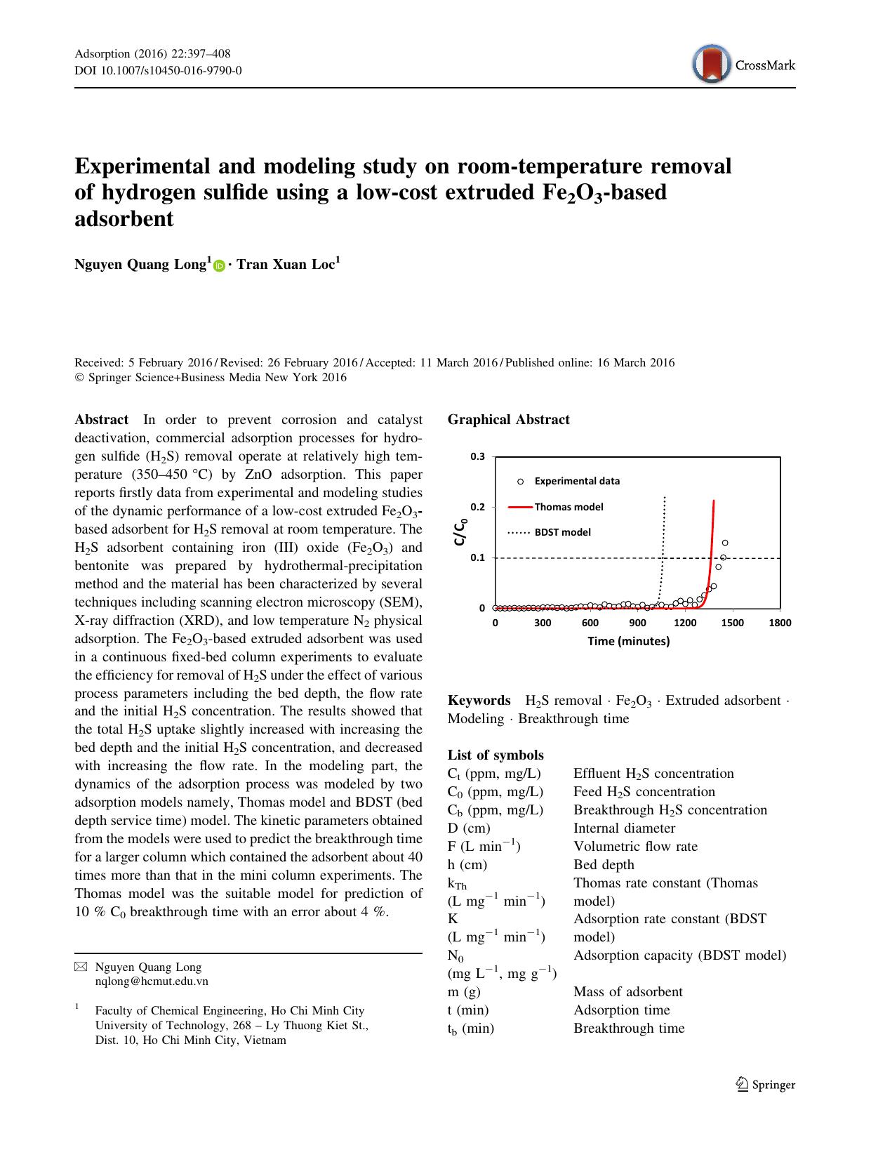 Experimental and modeling study on room-temperature removal of hydrogen sulfide using a low-cost extruded Fe2O3-based adsorbent by Nguyen Quang Long & Tran Xuan Loc