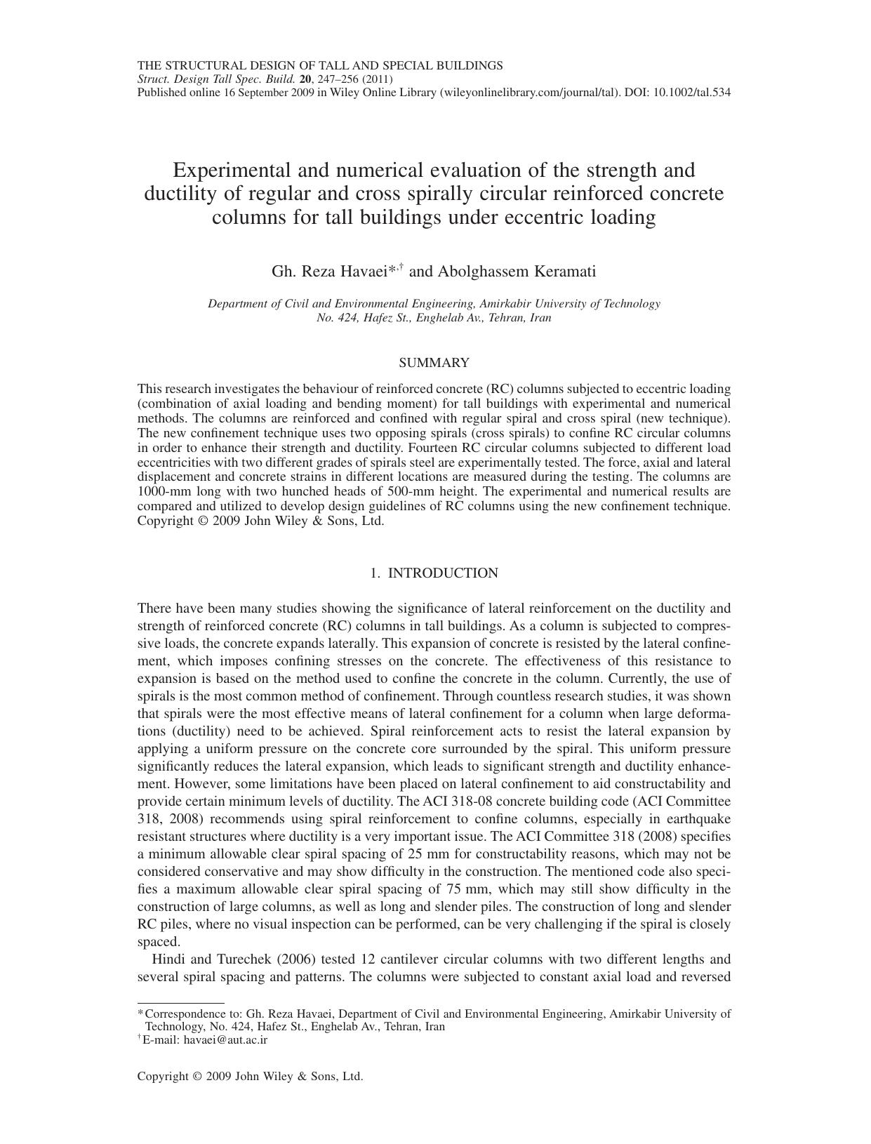 Experimental and numerical evaluation of the strength and ductility of regular and cross spirally circular reinforced concrete columns for tall buildings under eccentric loading by owen