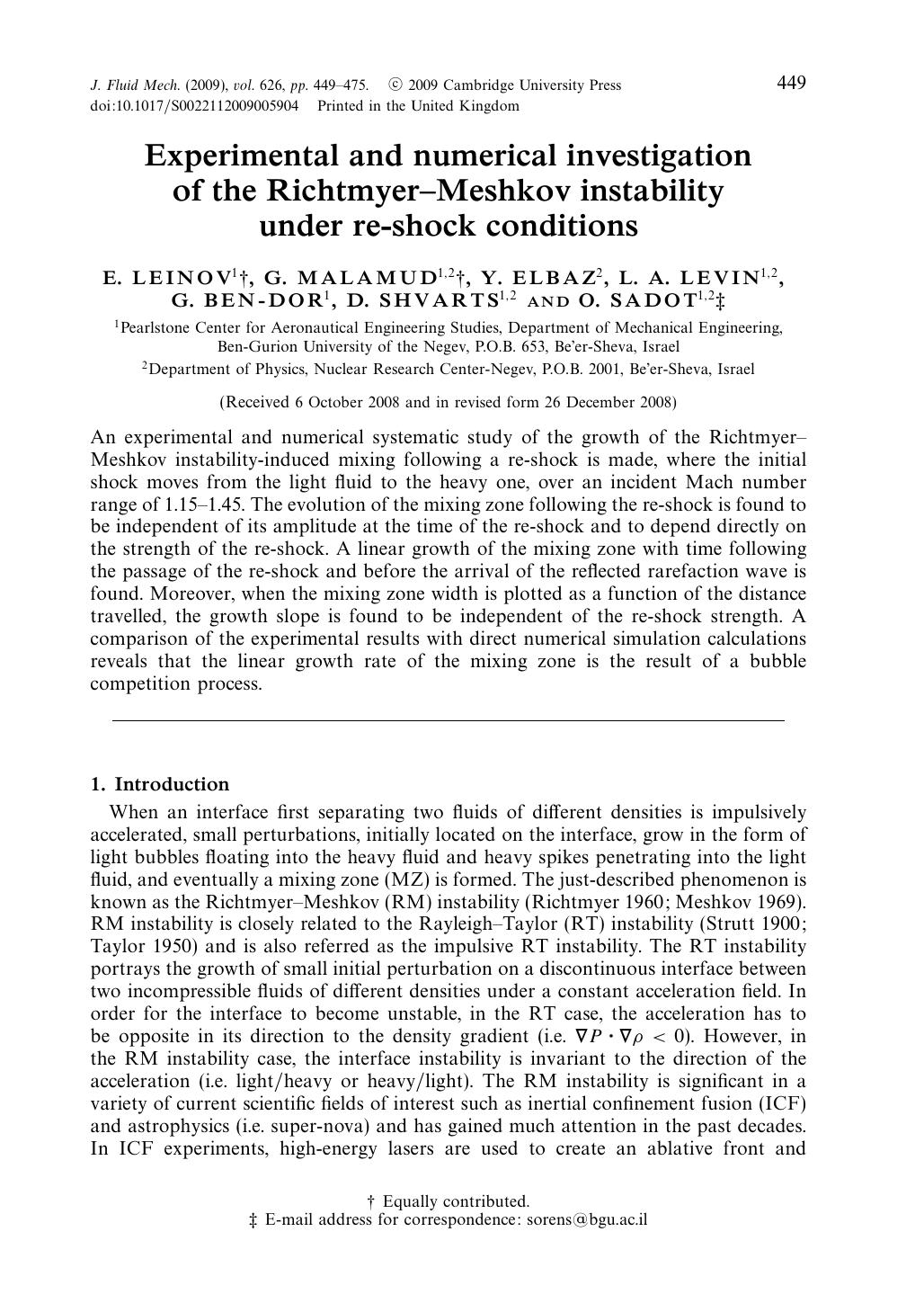 Experimental and numerical investigation of the RichtmyerâMeshkov instability under re-shock conditions by E. LEINOV G. MALAMUD Y. ELBAZ L. A. LEVIN G. BEN-DOR D. SHVARTS O. SADOT