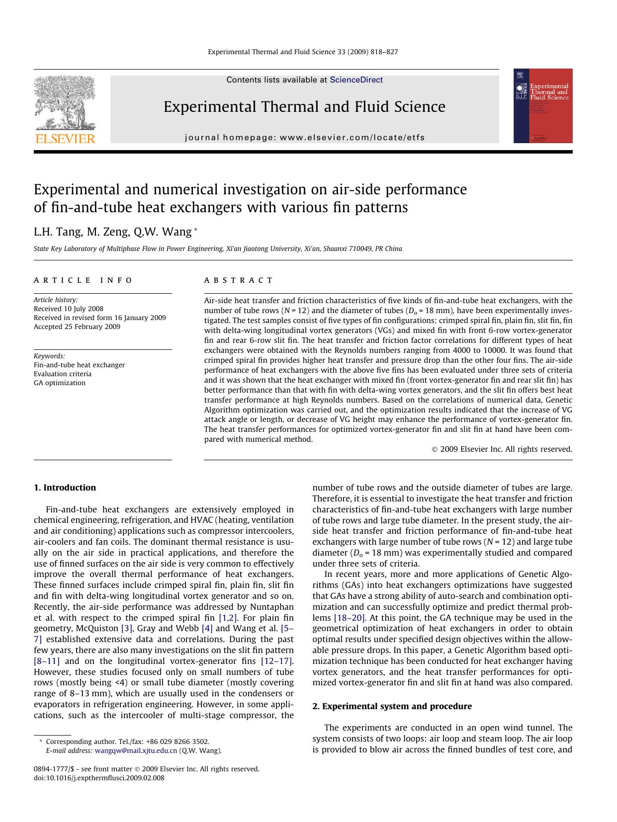 Experimental and numerical investigation on air-side performance of fin-and-tube heat exchangers with various fin patterns by L.H. Tang; M. Zeng; Q.W. Wang