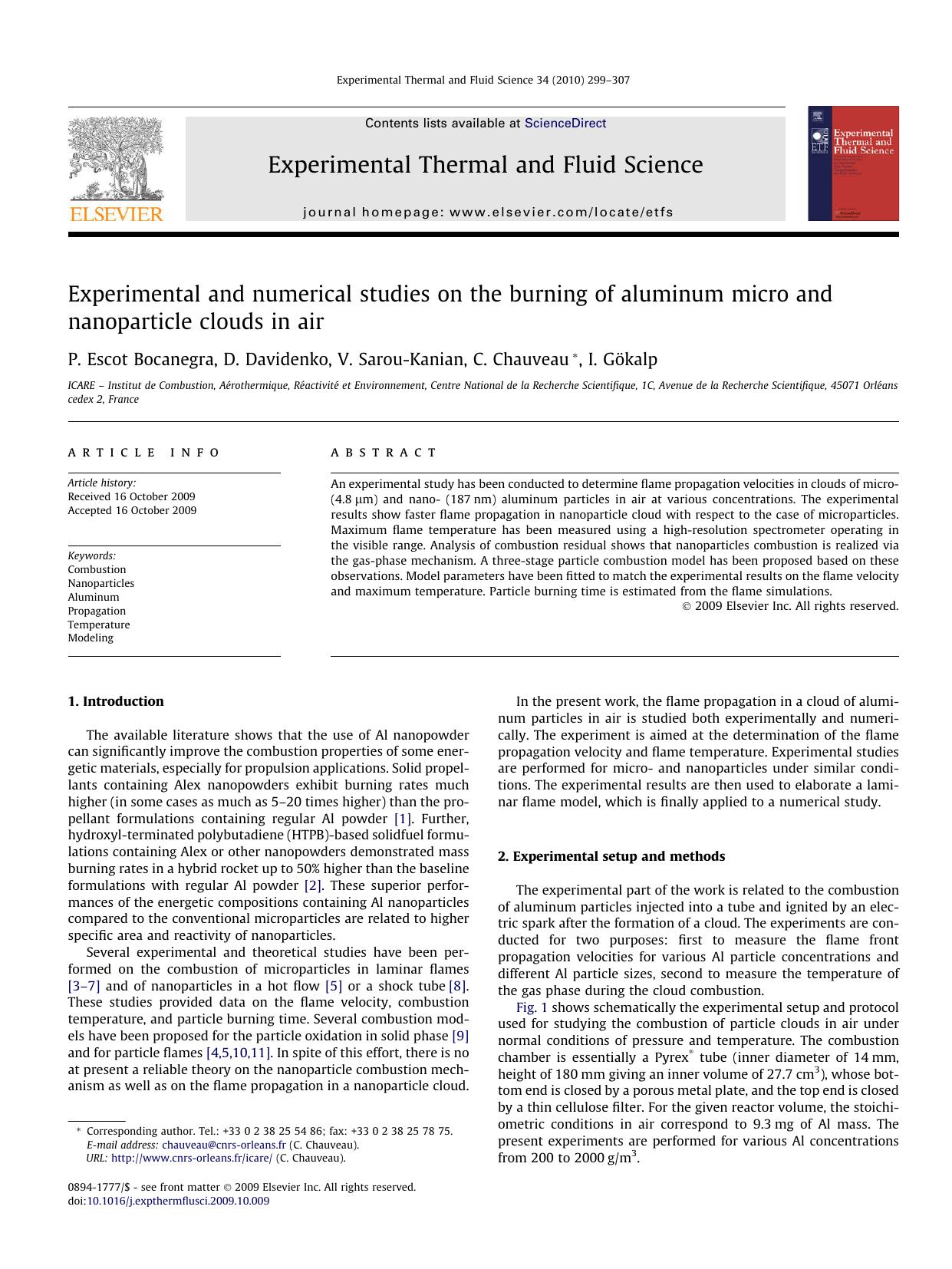 Experimental and numerical studies on the burning of aluminum micro and nanoparticle clouds in air by P. Escot Bocanegra; D. Davidenko; V. Sarou-Kanian; C. Chauveau; I. Gökalp
