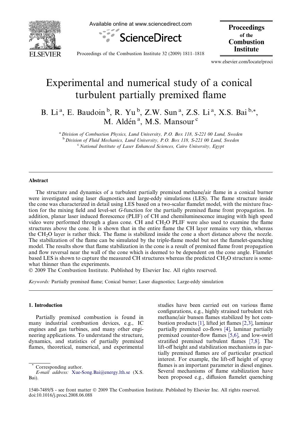 Experimental and numerical study of a conical turbulent partially premixed flame by B. Li; E. Baudoin; R. Yu; Z.W. Sun; Z.S. Li; X.S. Bai; M. Aldén; M.S. Mansour