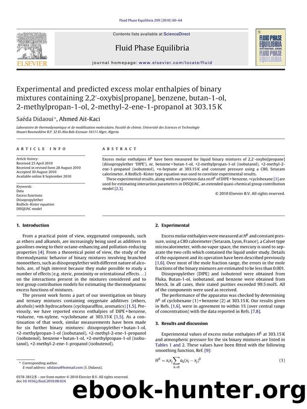 Experimental and predicted excess molar enthalpies of binary mixtures containing 2,2Ã¢â¬Â²-oxybis[propane], benzene, butan-1-ol, 2-methylpropan-1-ol, 2-methyl-2-ene-1-propanol at 303.15K by SaÃ©da Didaoui