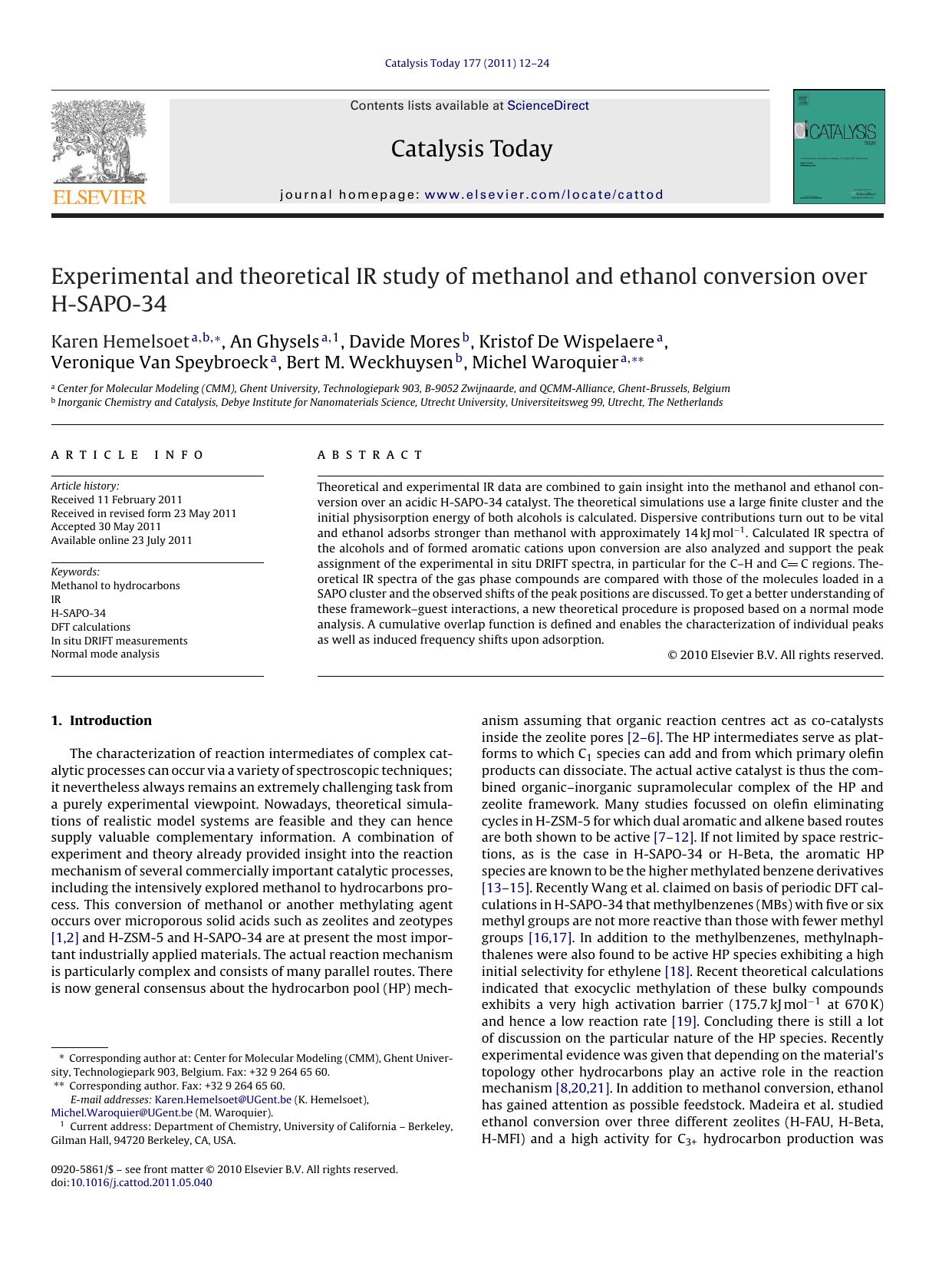 Experimental and theoretical IR study of methanol and ethanol conversion over H-SAPO-34 by Karen Hemelsoet