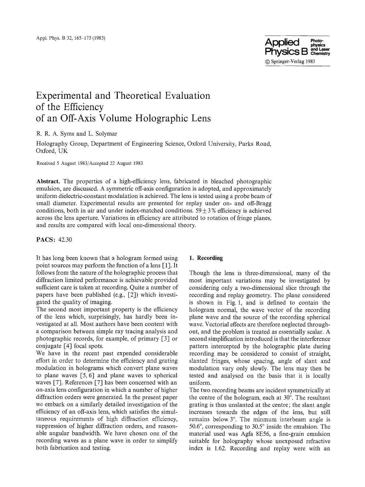Experimental and theoretical evaluation of the efficiency of an off-axis volume holographic lens by Unknown