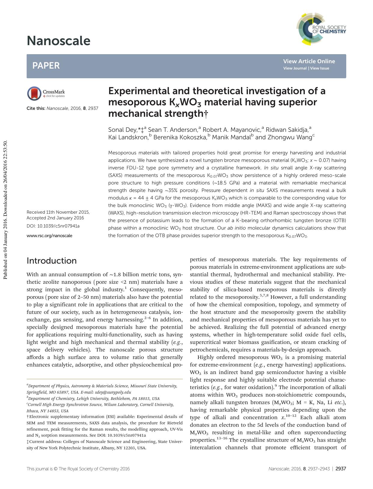 Experimental and theoretical investigation of a mesoporous KxWO3 material having superior mechanical strength by unknow