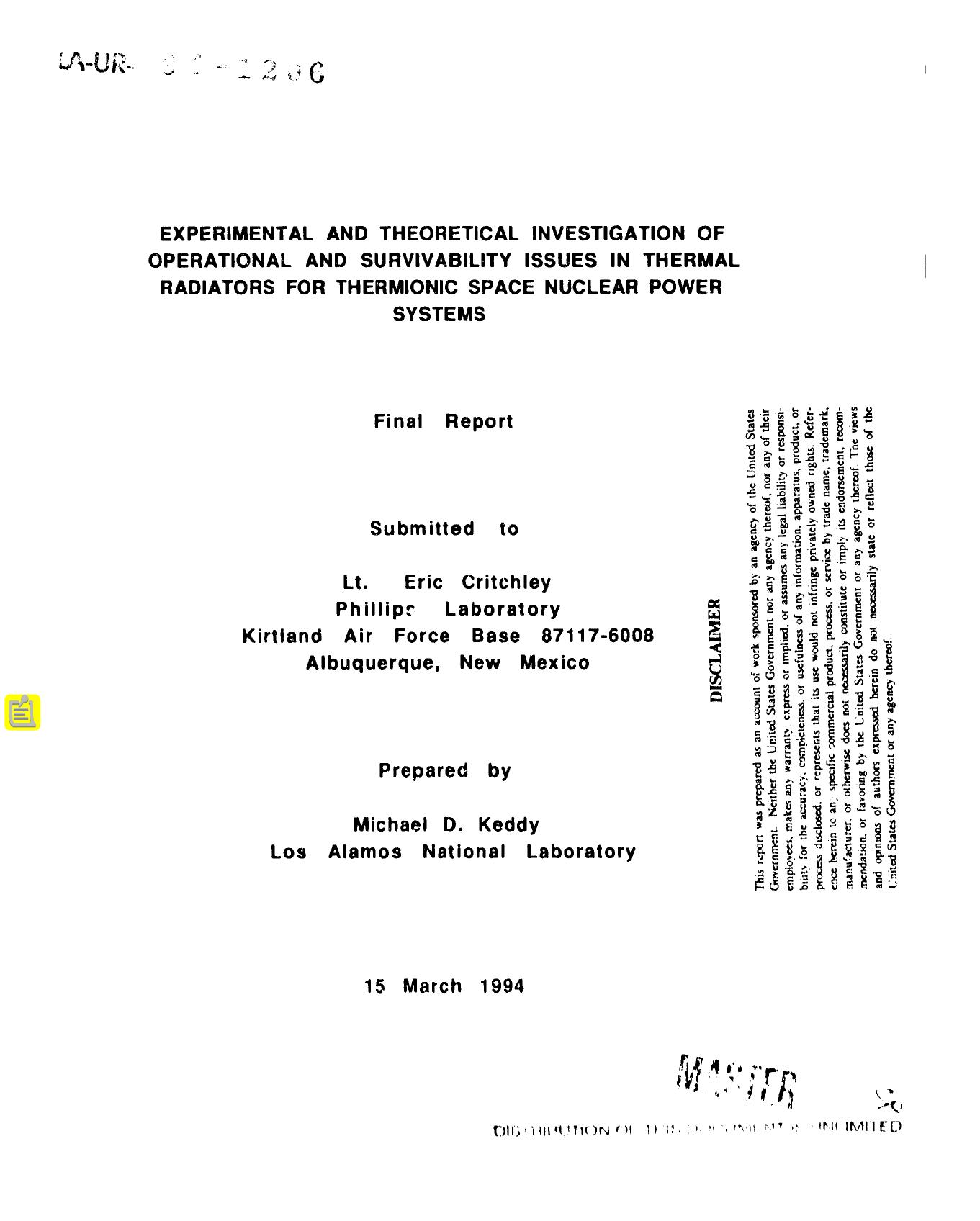 Experimental and theoretical investigation of operational and survivability issues in thermal radiators for thermionic space nuclear power systems : Final report None by LANL Research Library LWW Project