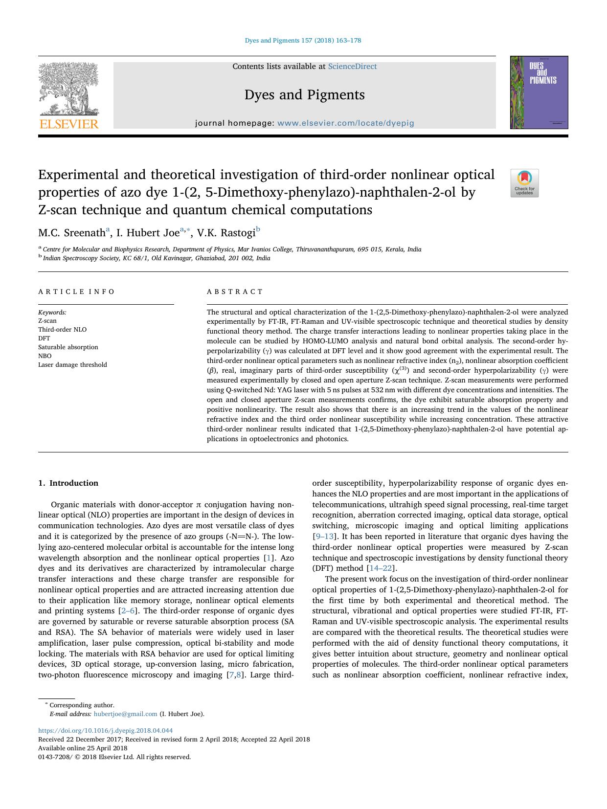 Experimental and theoretical investigation of third-order nonlinear optical properties of azo dye 1-(2, 5-Dimethoxy-phenylazo)-naphthalen-2-ol by Z-scan technique and quantum chemical computations by M.C. Sreenath & I. Hubert Joe & V.K. Rastogi
