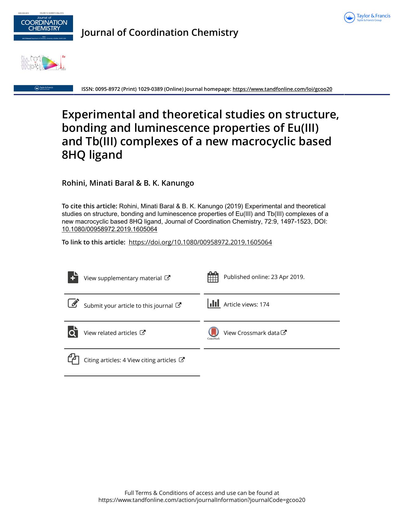 Experimental and theoretical studies on structure, bonding and luminescence properties of Eu(III) and Tb(III) complexes of a new macrocyclic based 8HQ ligand by Baral Minati & Kanungo B. K