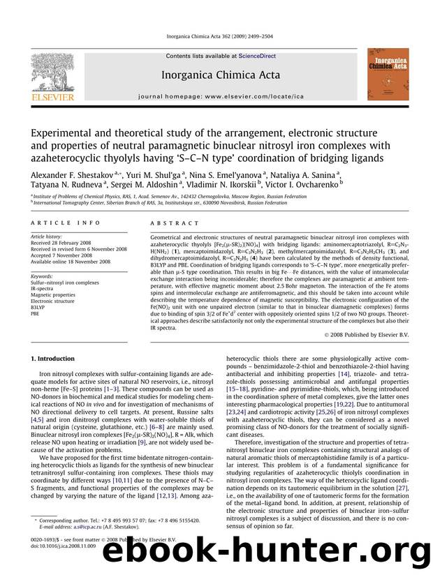 Experimental and theoretical study of the arrangement, electronic structure and properties of neutral paramagnetic binuclear nitrosyl iron complexes with azaheterocyclic thyolyls h by unknow