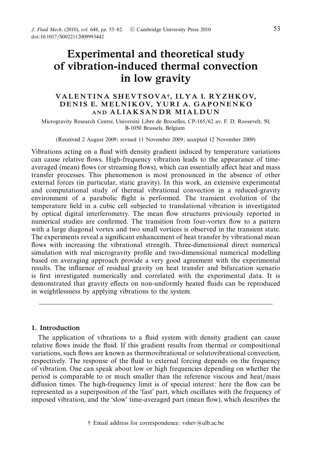 Experimental and theoretical study of vibration-induced thermal convection in low gravity by VALENTINA SHEVTSOVA ILYA I. RYZHKOV DENIS E. MELNIKOV YURI A. GAPONENKO ALIAKSANDR MIALDUN