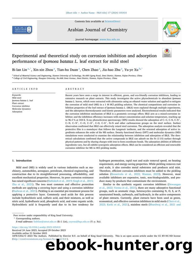 Experimental and theoretical study on corrosion inhibition and adsorption performance of Ipomoea batatas L . leaf extract for mild steel by Bi-lan Lin & Xin-xin Zhou & Tian-hu Duan & Chen Zhao & Jia-hao Zhu & Yu-ye Xu