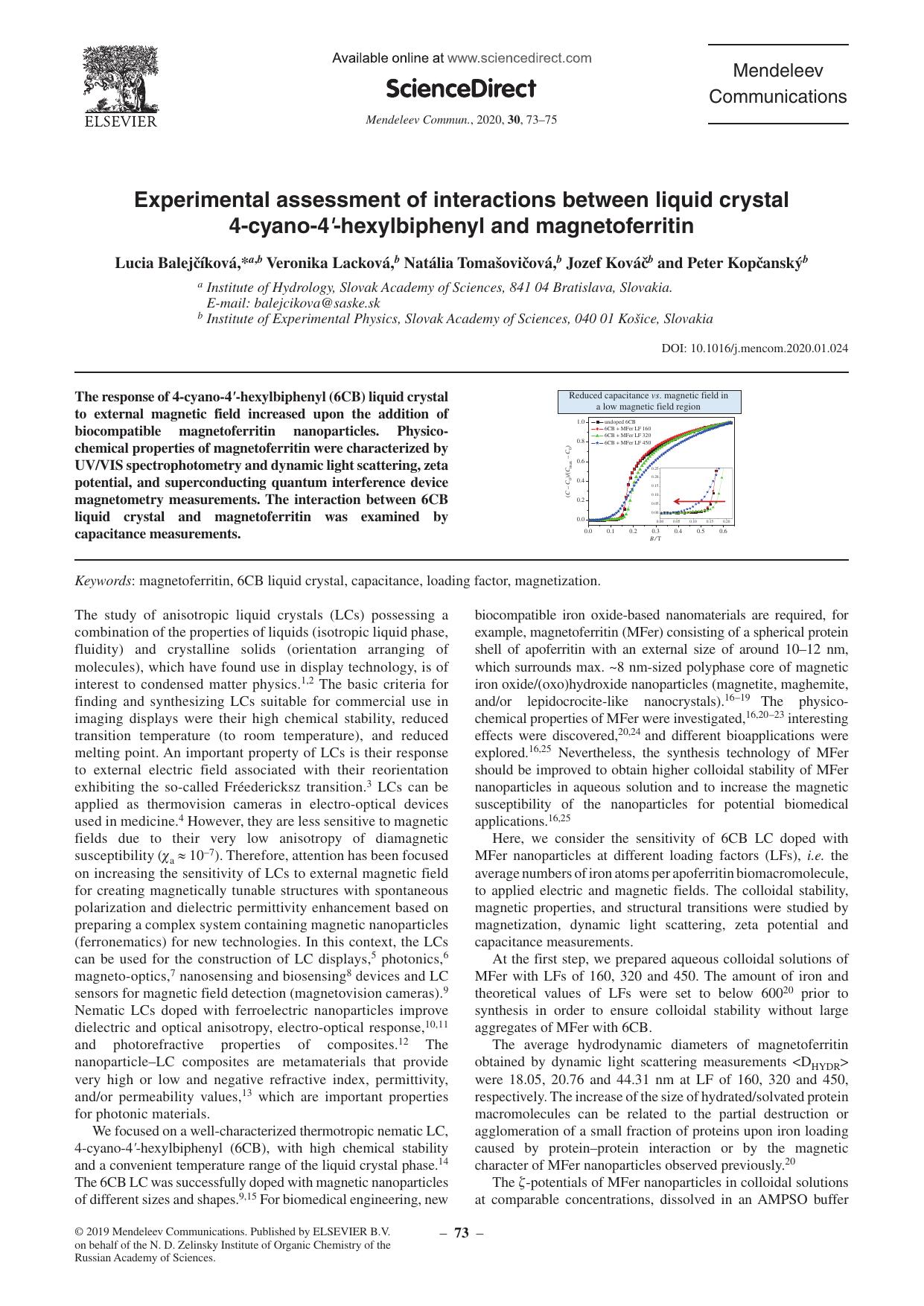 Experimental assessment of interactions between liquid crystal 4-cyano-4â-hexylbiphenyl and magnetoferritin by unknow