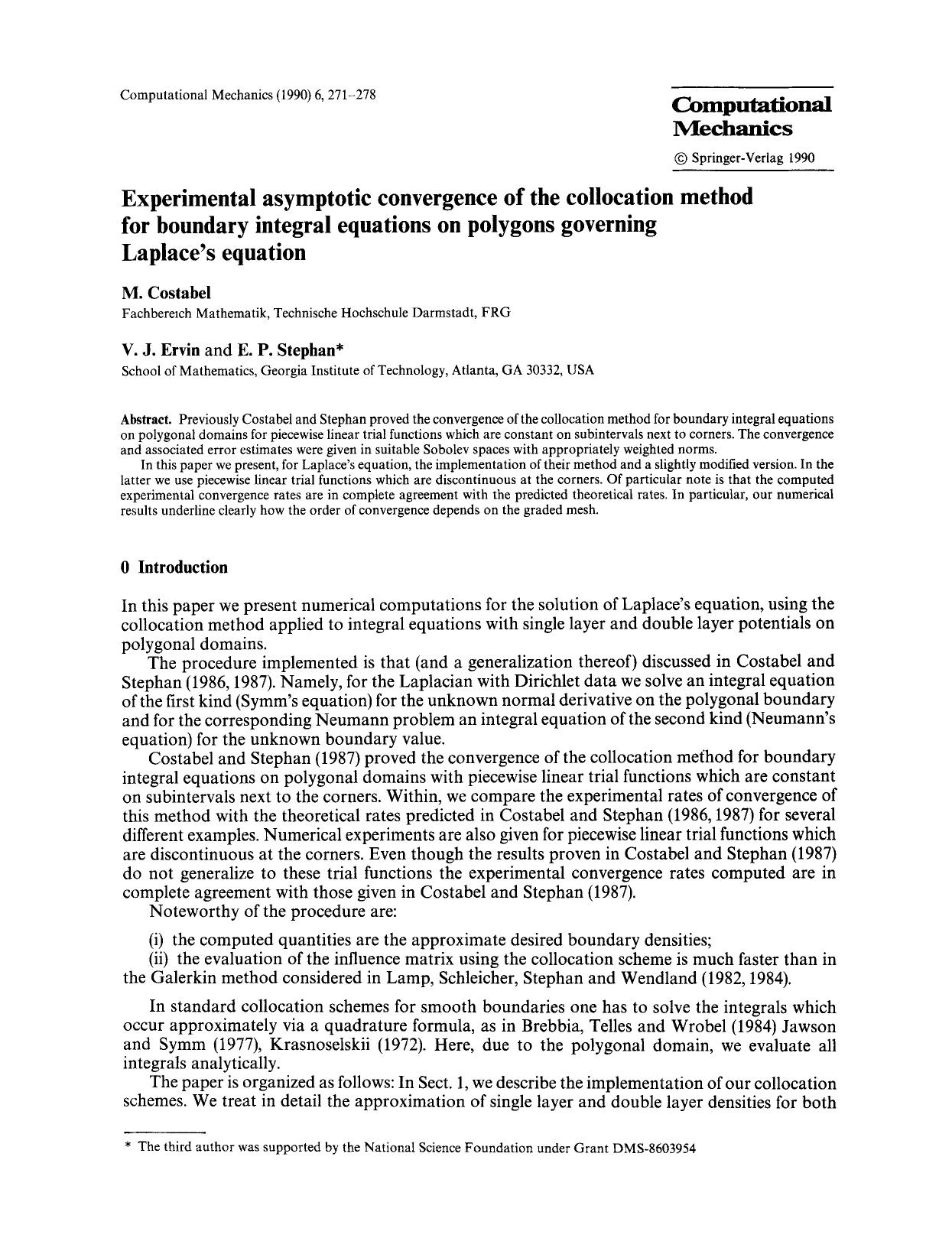 Experimental asymptotic convergence of the collocation method for boundary integral equations on polygons governing Laplace's equation by Unknown