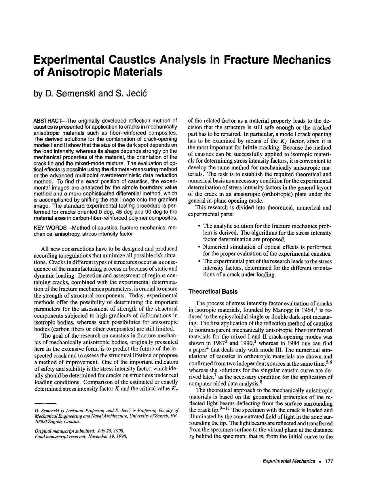 Experimental caustics analysis in fracture mechanics of anisotropic materials by Unknown