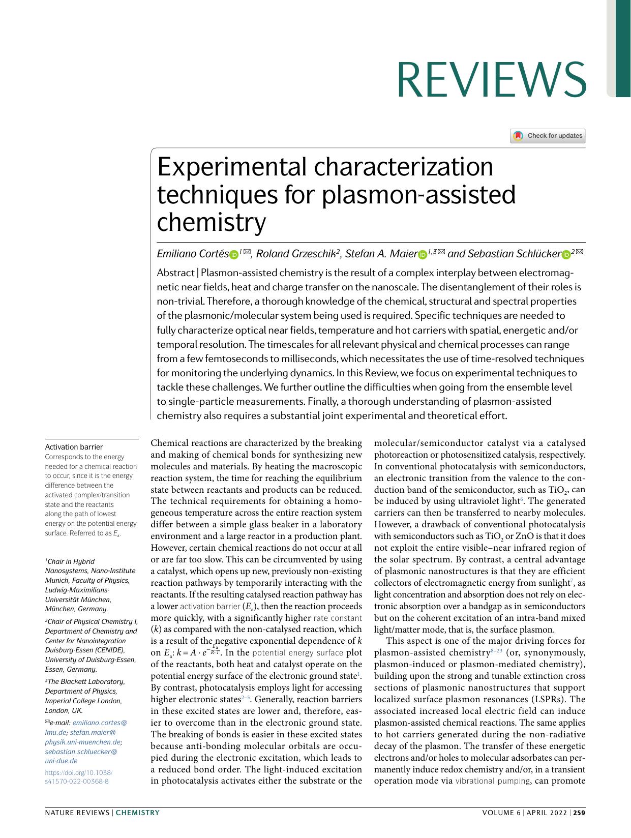 Experimental characterization techniques for plasmon-assisted chemistry by Emiliano Cortés & Roland Grzeschik & Stefan A. Maier & Sebastian Schlücker