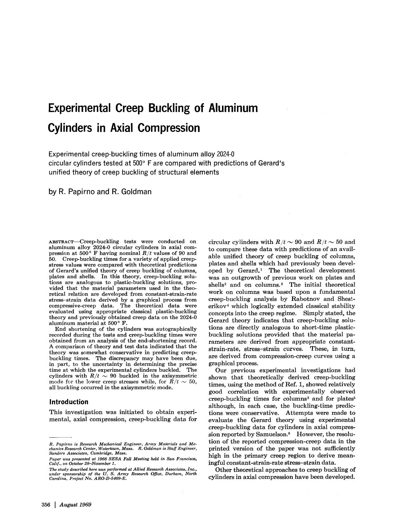 Experimental creep buckling of aluminum cylinders in axial compression by Unknown