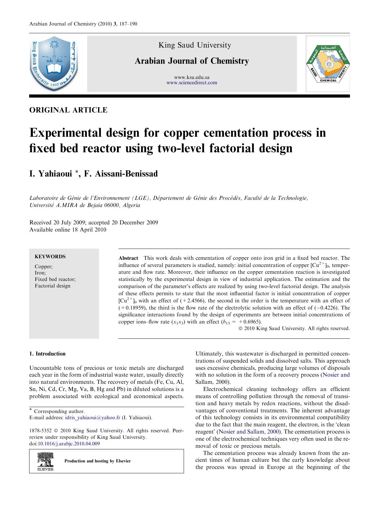 Experimental design for copper cementation process in fixed bed reactor using two-level factorial design by I. Yahiaoui; F. Aissani-Benissad