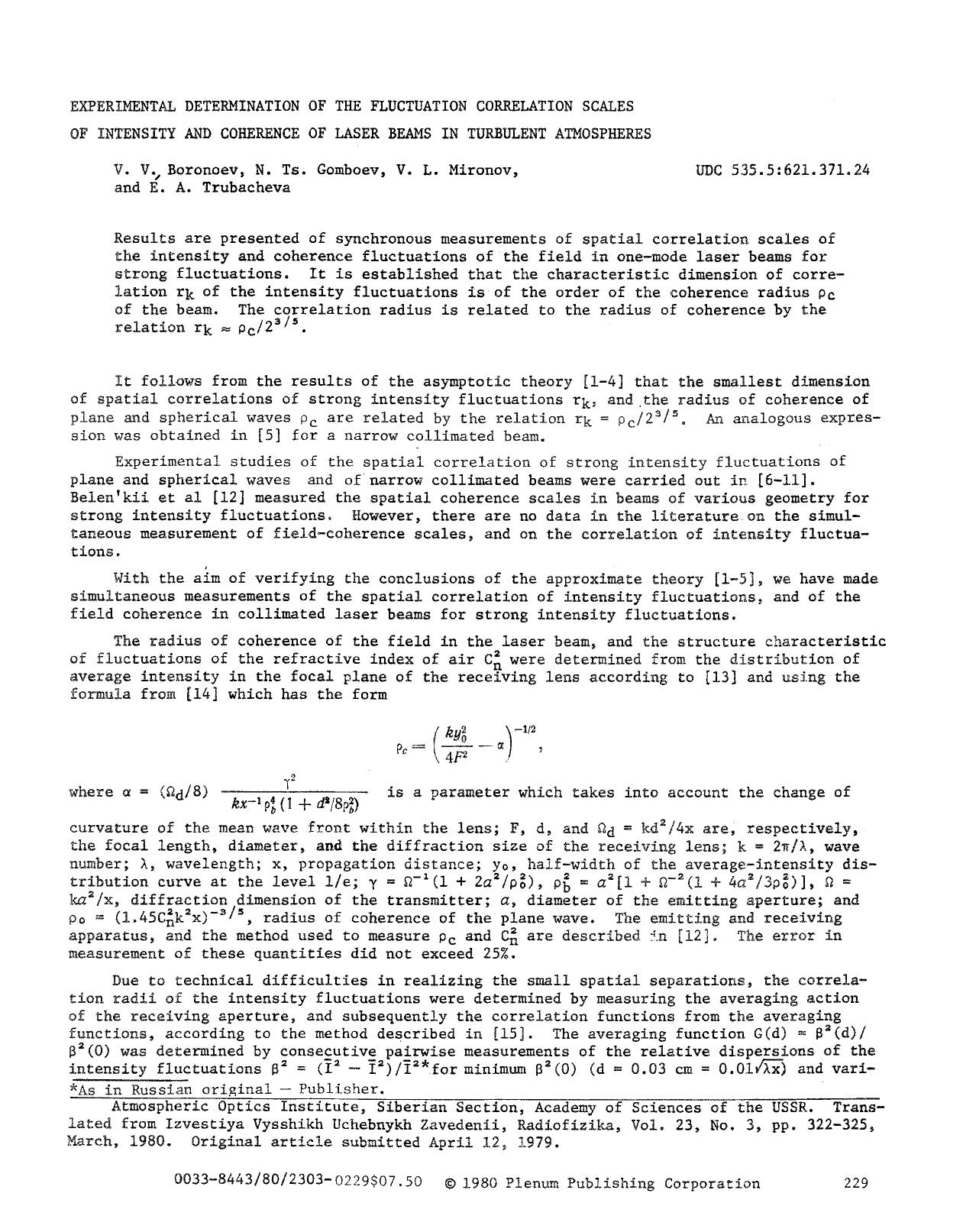 Experimental determination of the fluctuation correlation scales of intensity and coherence of laser beams in turbulent atmospheres by Unknown