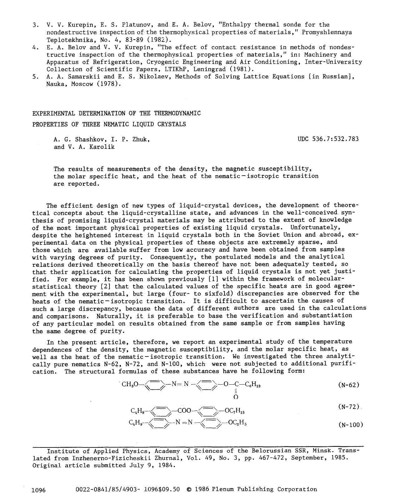 Experimental determination of the thermodynamic properties of three nematic liquid crystals by Unknown