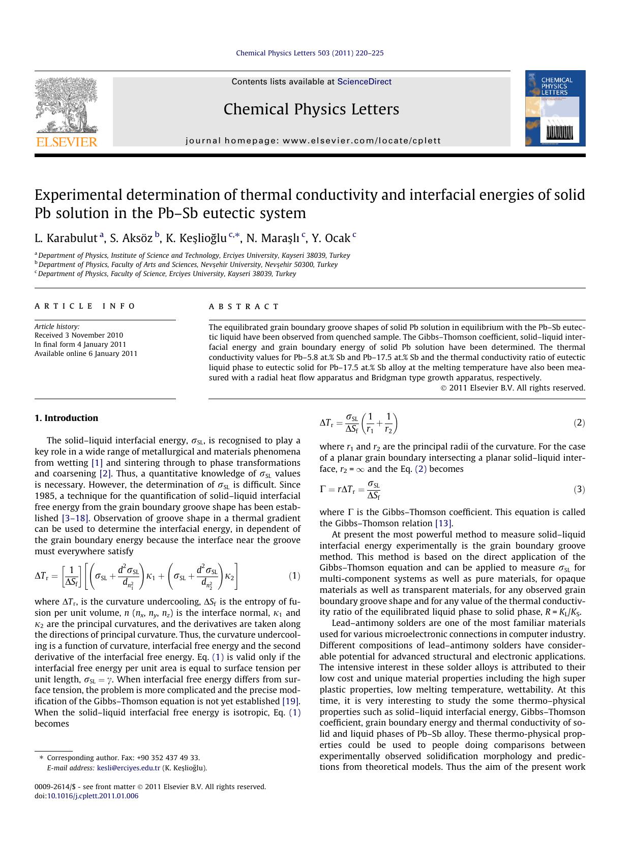 Experimental determination of thermal conductivity and interfacial energies of solid Pb solution in the PbÃ¢â¬âSb eutectic system by L. Karabulut & S. Aksöz & K. Keşlioğlu & N. Maraşlı & Y. Ocak