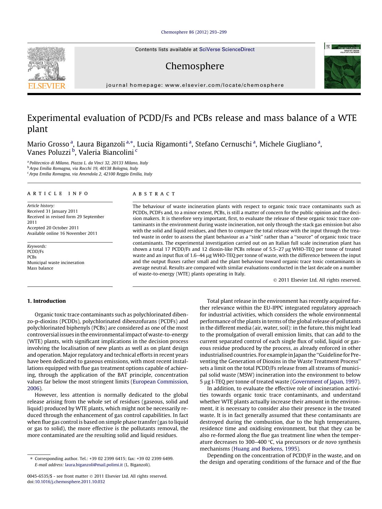 Experimental evaluation of PCDDFs and PCBs release and mass balance of a WTE plant by unknow