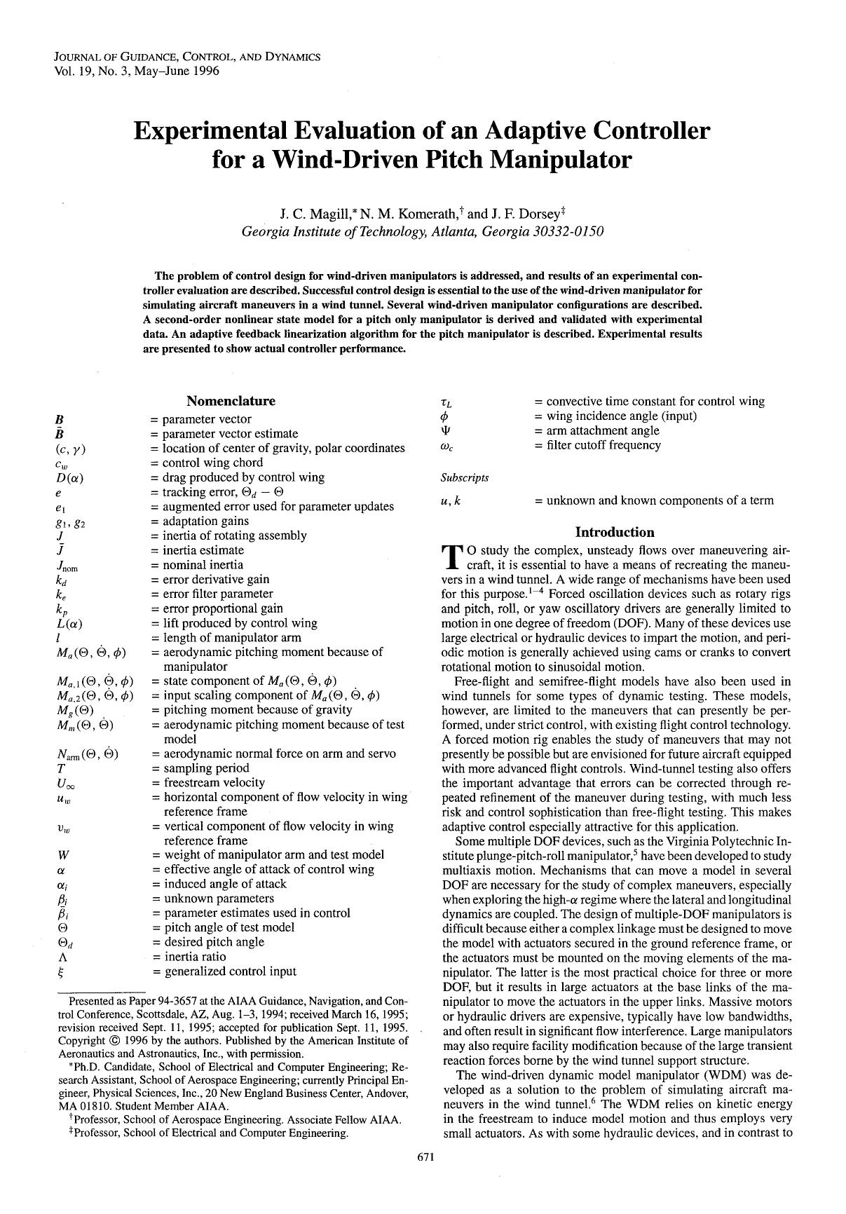 Experimental evaluation of an adaptive controller for a wind-driven pitch manipulator by Unknown