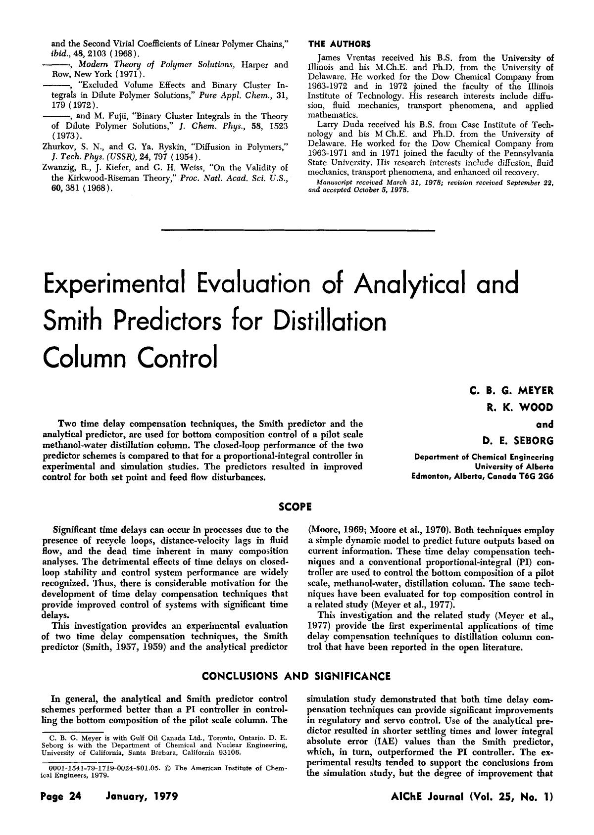 Experimental evaluation of analytical and Smith predictors for distillation column control by Unknown