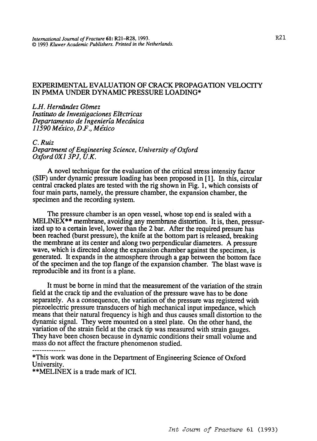 Experimental evaluation of crack propagation velocity in pmma under dynamic pressure loading by Unknown