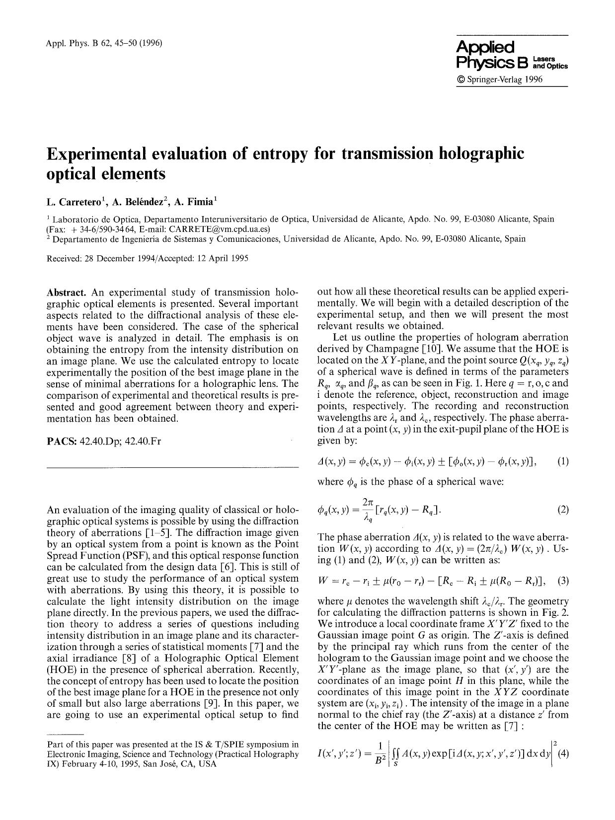 Experimental evaluation of entropy for transmission holographic optical elements by Unknown