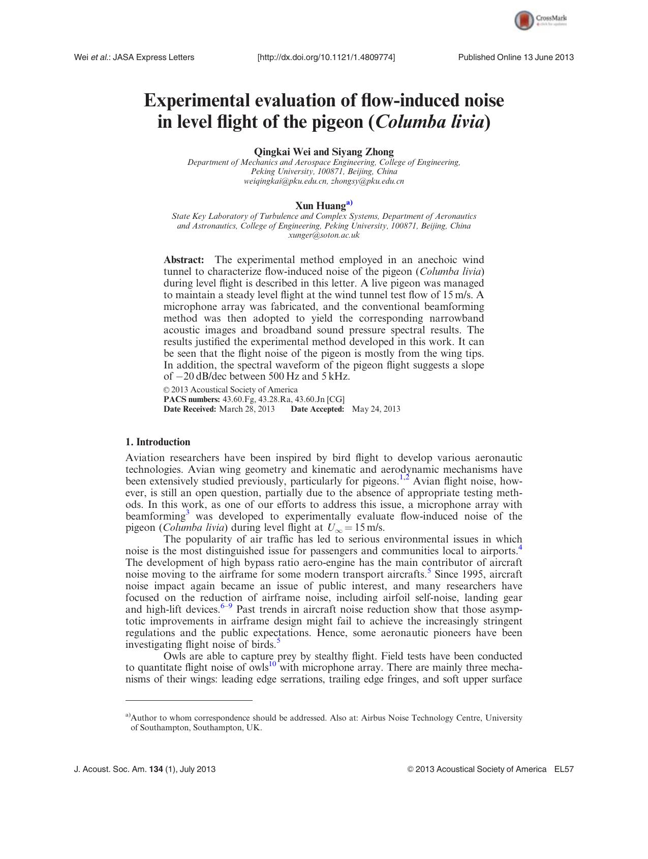 Experimental evaluation of flow-induced noise in level flight of the pigeon (Columba livia) by Qingkai Wei Siyang Zhong and Xun Huanga)