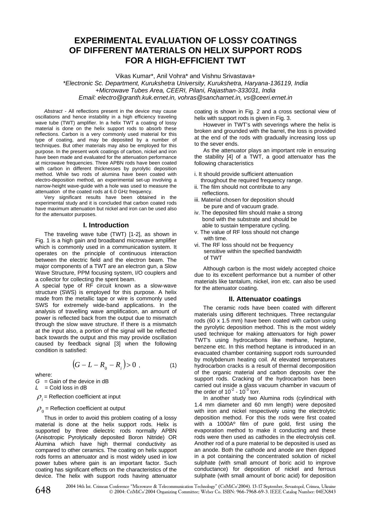 Experimental evaluation of lossy coatings of different materials on helix support rods for high efficiency TWT by brahmos