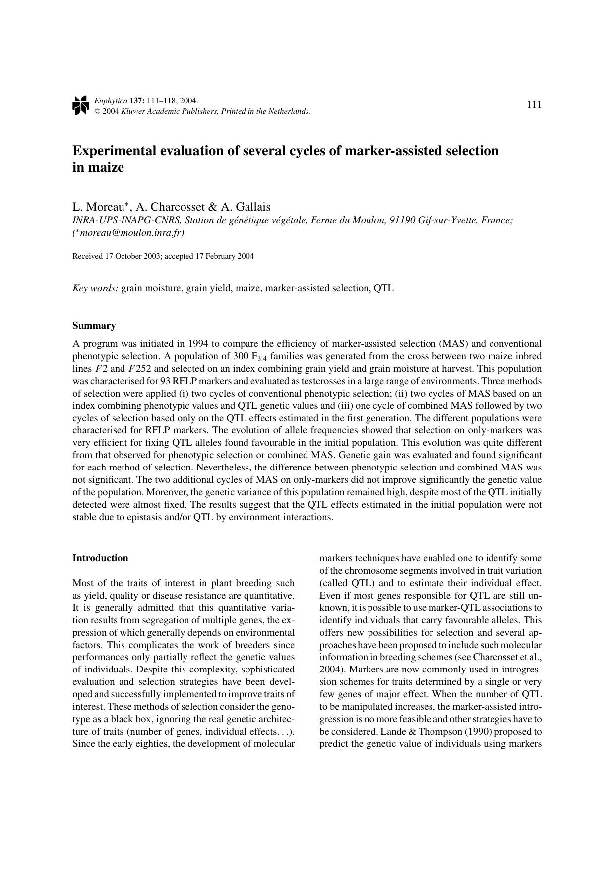 Experimental evaluation of several cycles of marker-assisted selection in maize by Unknown