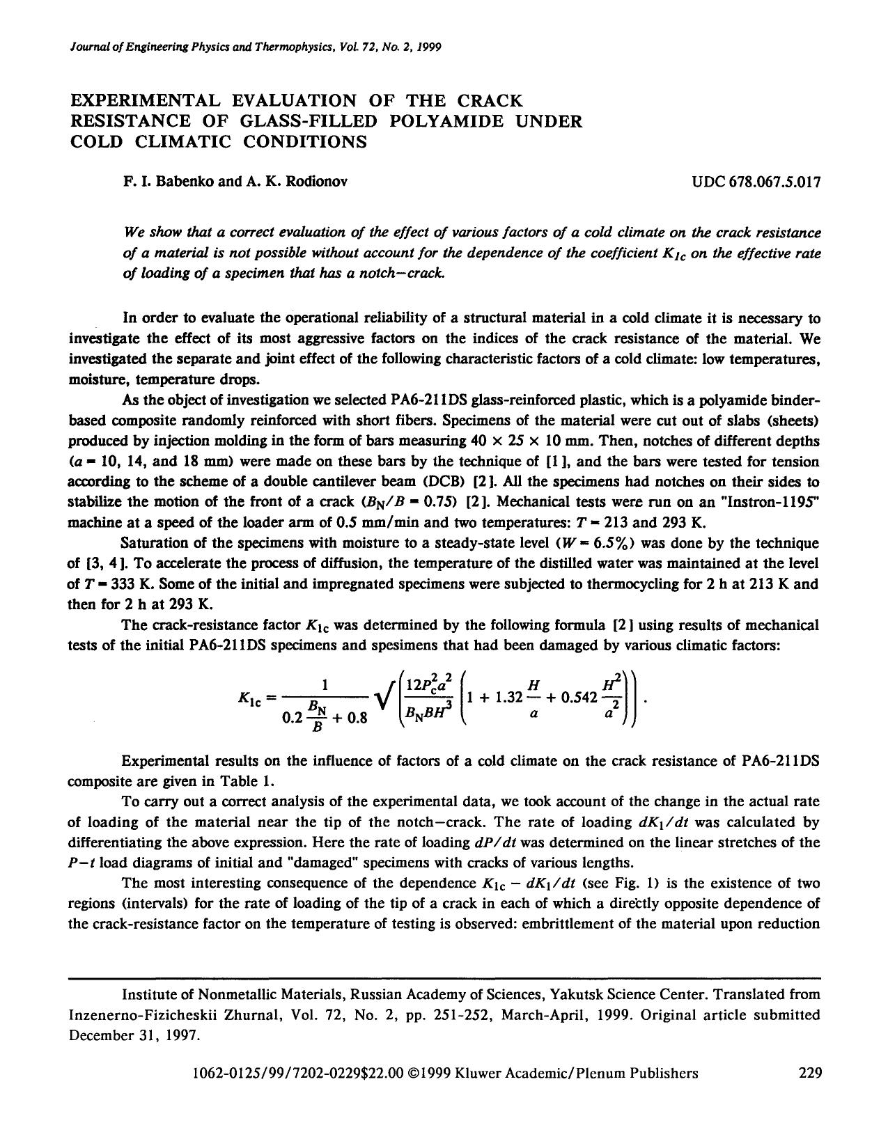 Experimental evaluation of the crack resistance of glass-filled polyamide under cold climatic conditions by Unknown