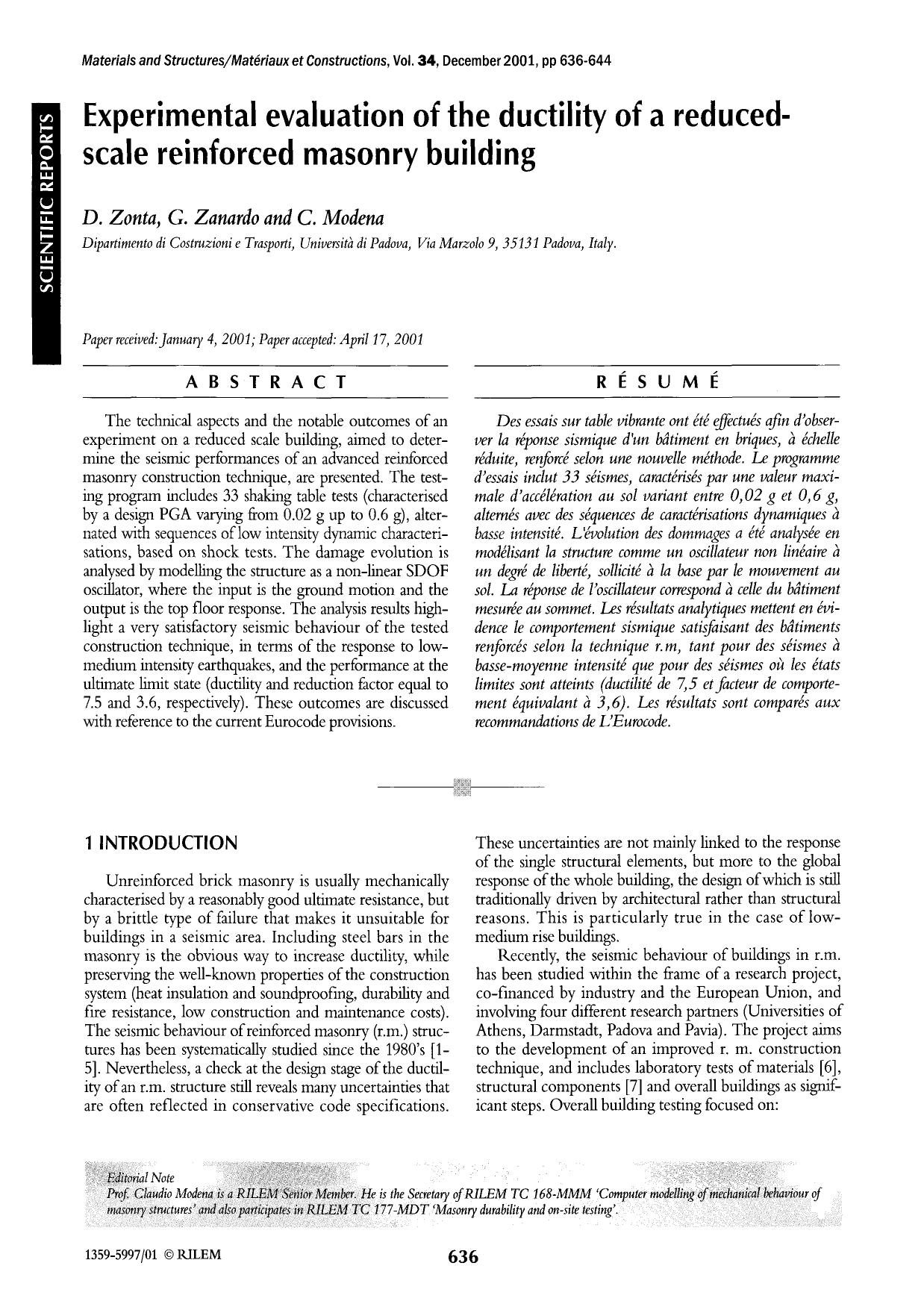 Experimental evaluation of the ductility of a reduced-scale reinforced masonry building by Unknown