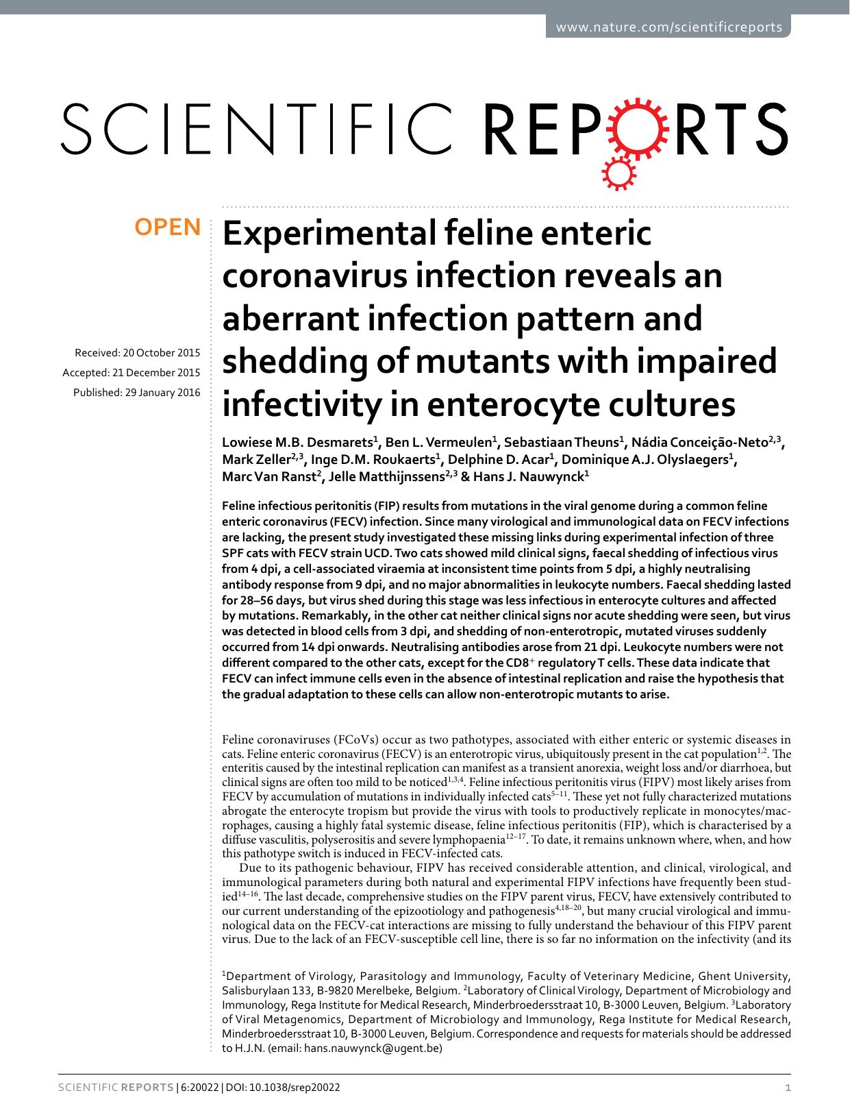 Experimental feline enteric coronavirus infection reveals an aberrant infection pattern and shedding of mutants with impaired infectivity in enterocyte cultures by unknow