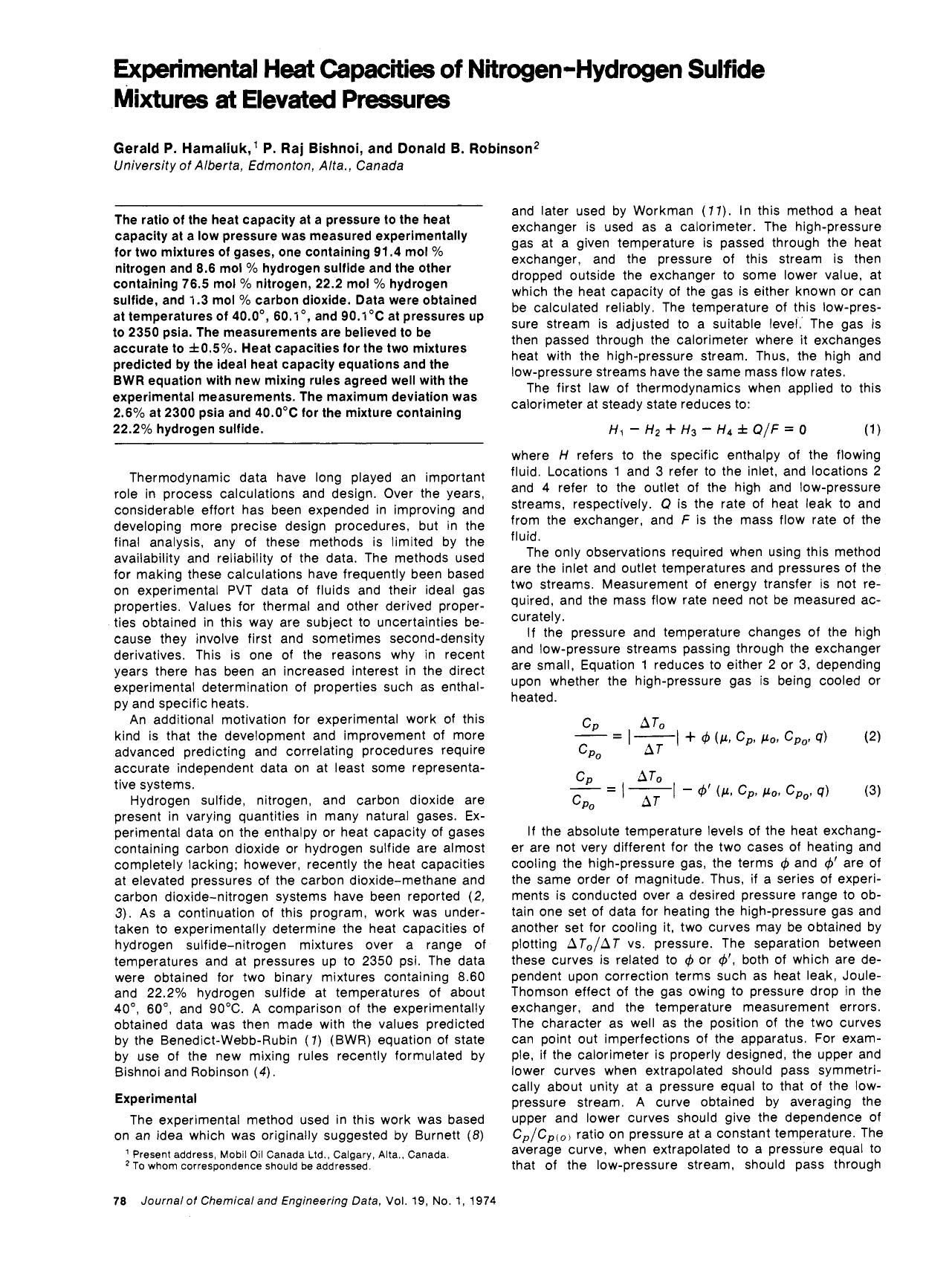 Experimental heat capacities of nitrogen-hydrogen sulfide mixtures at elevated pressures by Gerald P. Hamaliuk P. Raj Bishnoi Donald B. Robinson