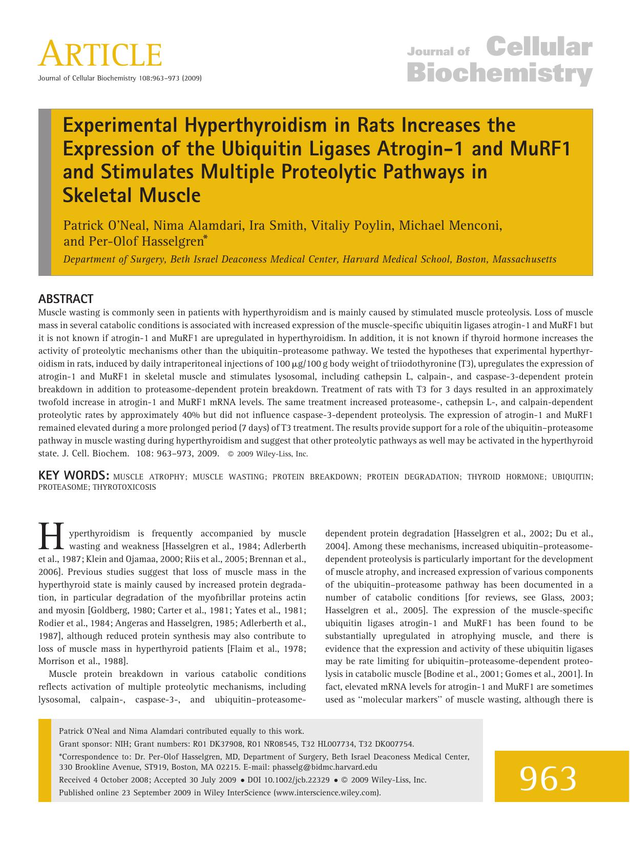 Experimental hyperthyroidism in rats increases the expression of the ubiquitin ligases atrogin-1 and MuRF1 and stimulates multiple proteolytic pathways in skeletal muscle by Unknown