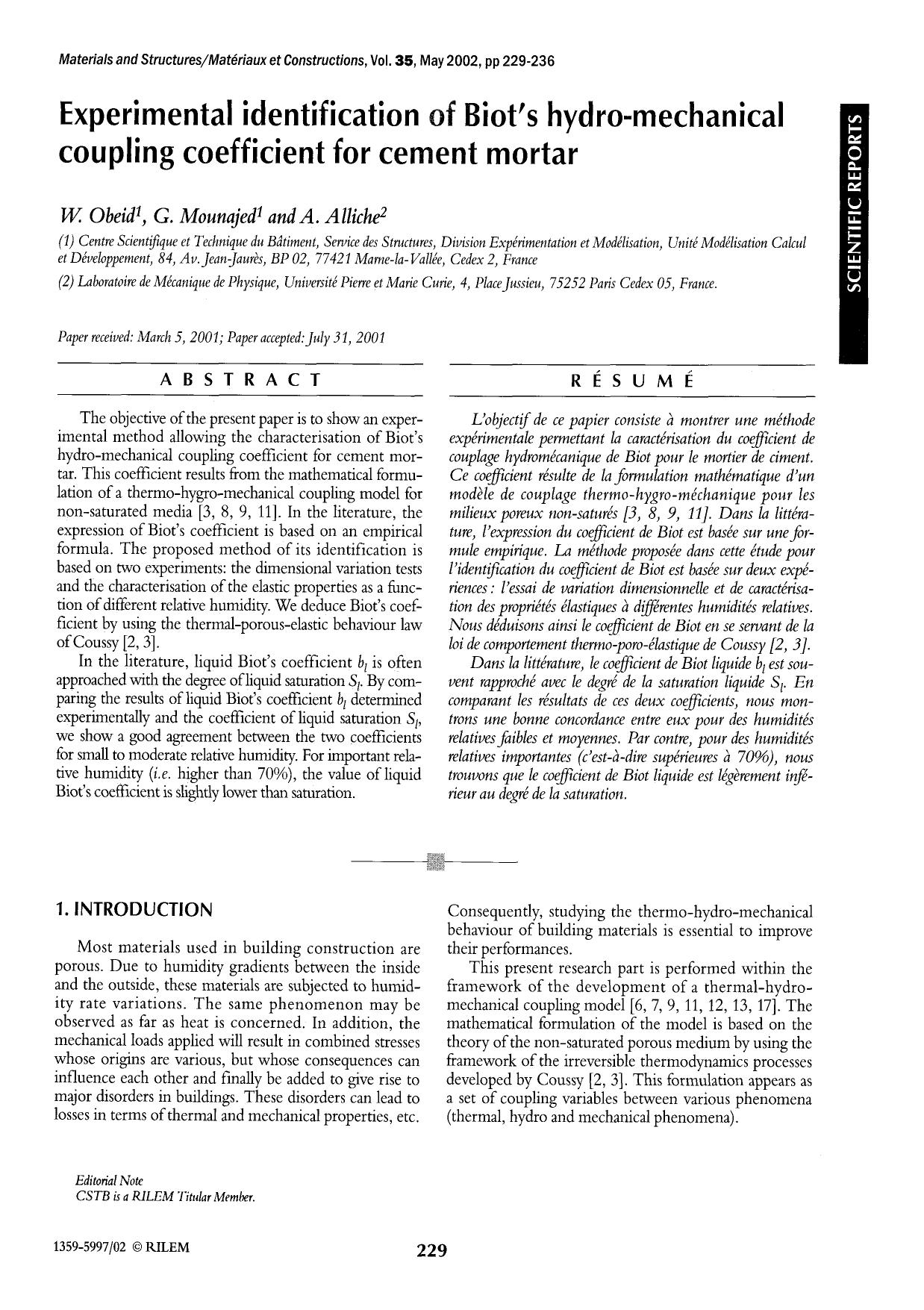 Experimental identification of Biot's hydro-mechanical coupling coefficient for cement mortar by Unknown