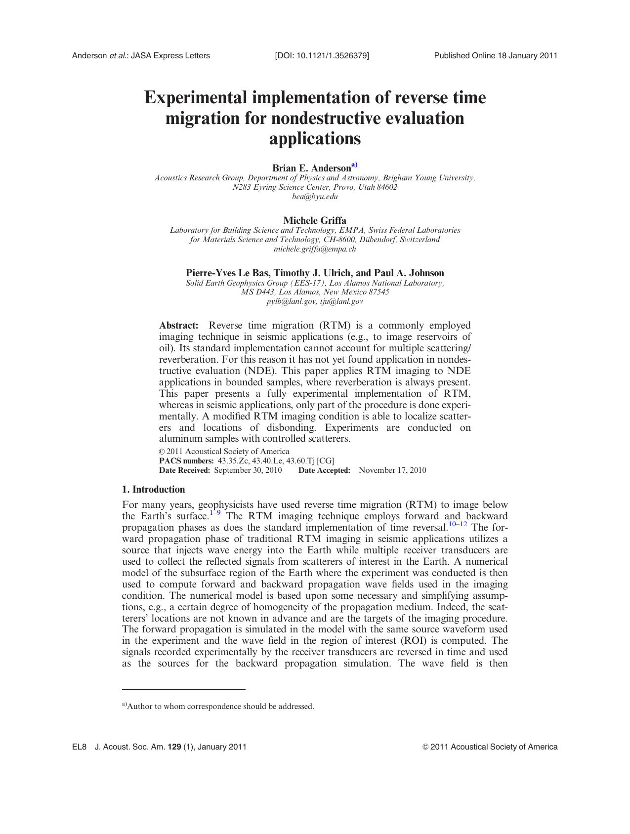 Experimental implementation of reverse time migration for nondestructive evaluation applications by Brian E. Anderson & Michele Griffa & Pierre-Yves Le Bas Timothy J. Ulrich and Paul A. Johnson