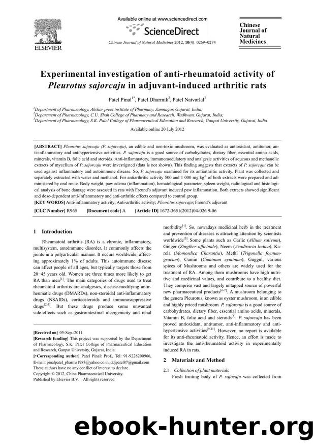 Experimental investigation of anti-rheumatoid activity of Pleurotus sajorcaju in adjuvant-induced arthritic rats by Pinal Patel & Dharmik Patel & Natvarlal Patel