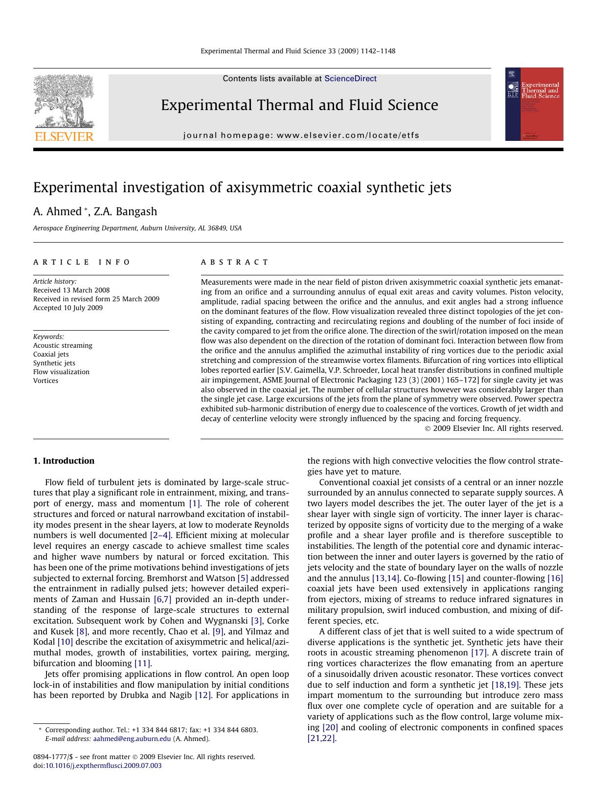 Experimental investigation of axisymmetric coaxial synthetic jets by A. Ahmed; Z.A. Bangash